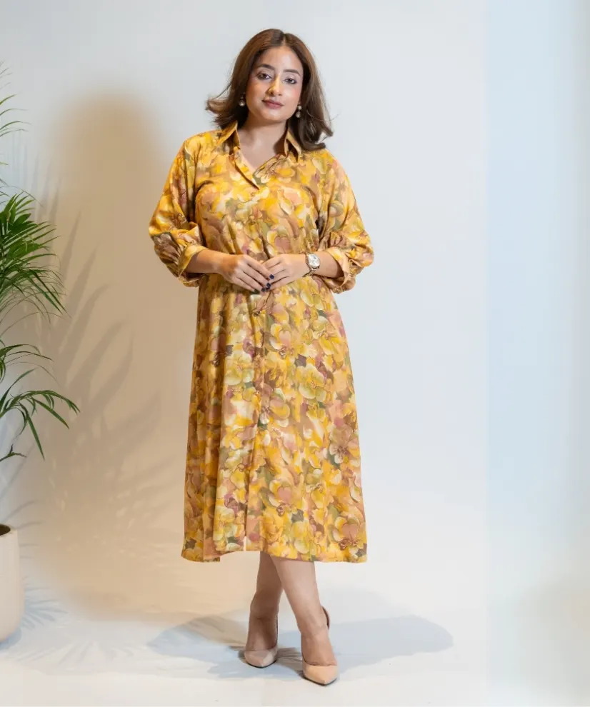 Mustard Ochre Cotton Shirt Dress with Vintage Floral Print