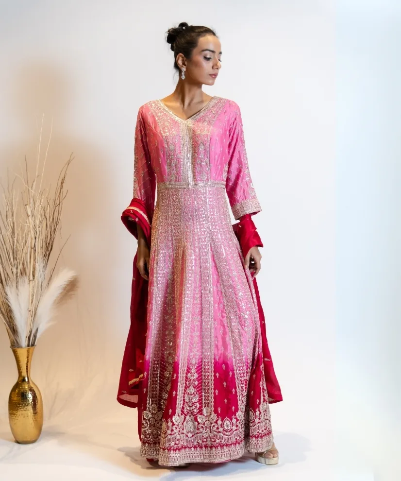 Ombre Pink Embroidered Anarkali Set