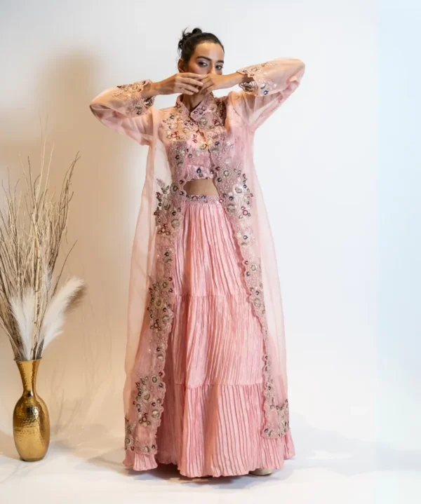 Blush Pink Lehenga Set with Embroidered Organza Shrug