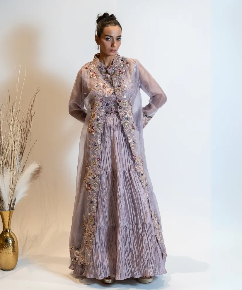 Mauve Lehenga Set with Embroidered Organza Shrug