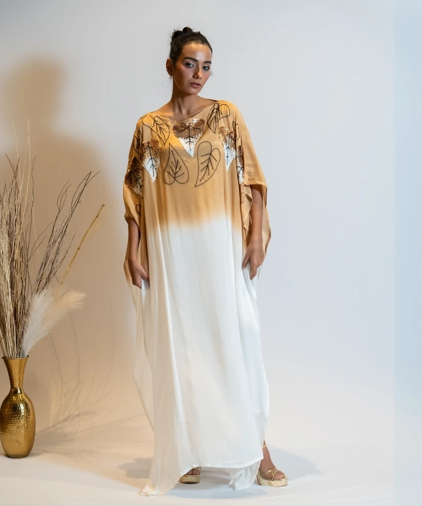 Camel Beige to Ivory Ombre Embellished Kaftan Dress