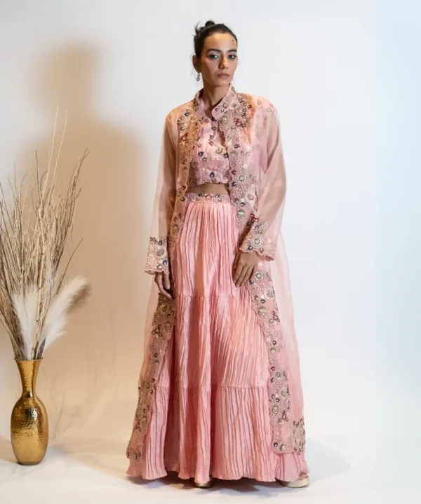 Blush Pink Lehenga Set with Embroidered Organza Shrug