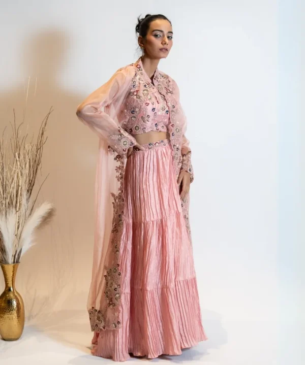 Blush Pink Lehenga Set with Embroidered Organza Shrug