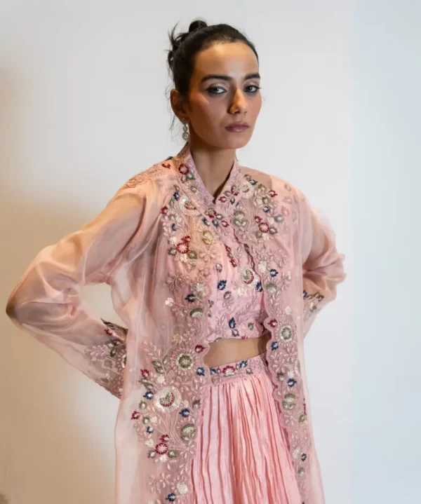 Blush Pink Lehenga Set with Embroidered Organza Shrug