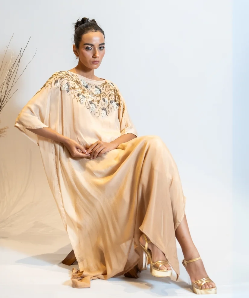 Champagne Beige Ombre Embellished Georgette Kaftan Dress