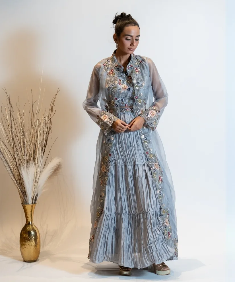 Smokey Grey Lehenga Set with Embroidered Organza Shrug