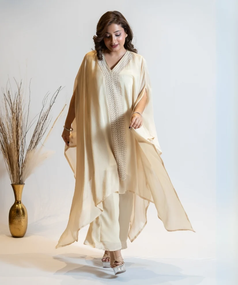 Cream Hand-Embroidered Georgette Co-ord Set