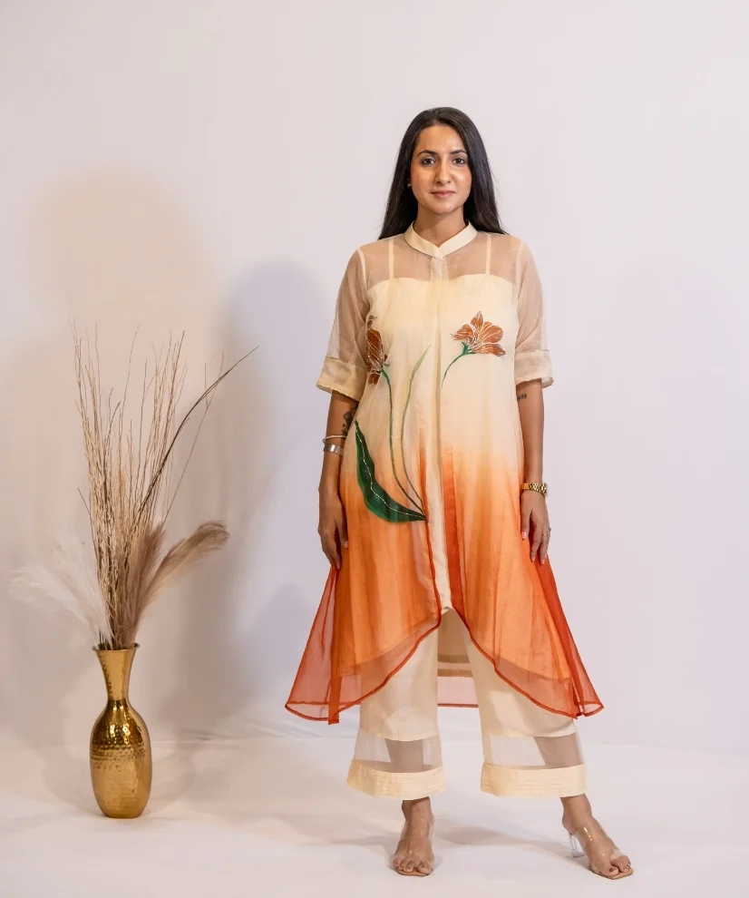 Rust Horizon Hand-painted Organza Kurta Set