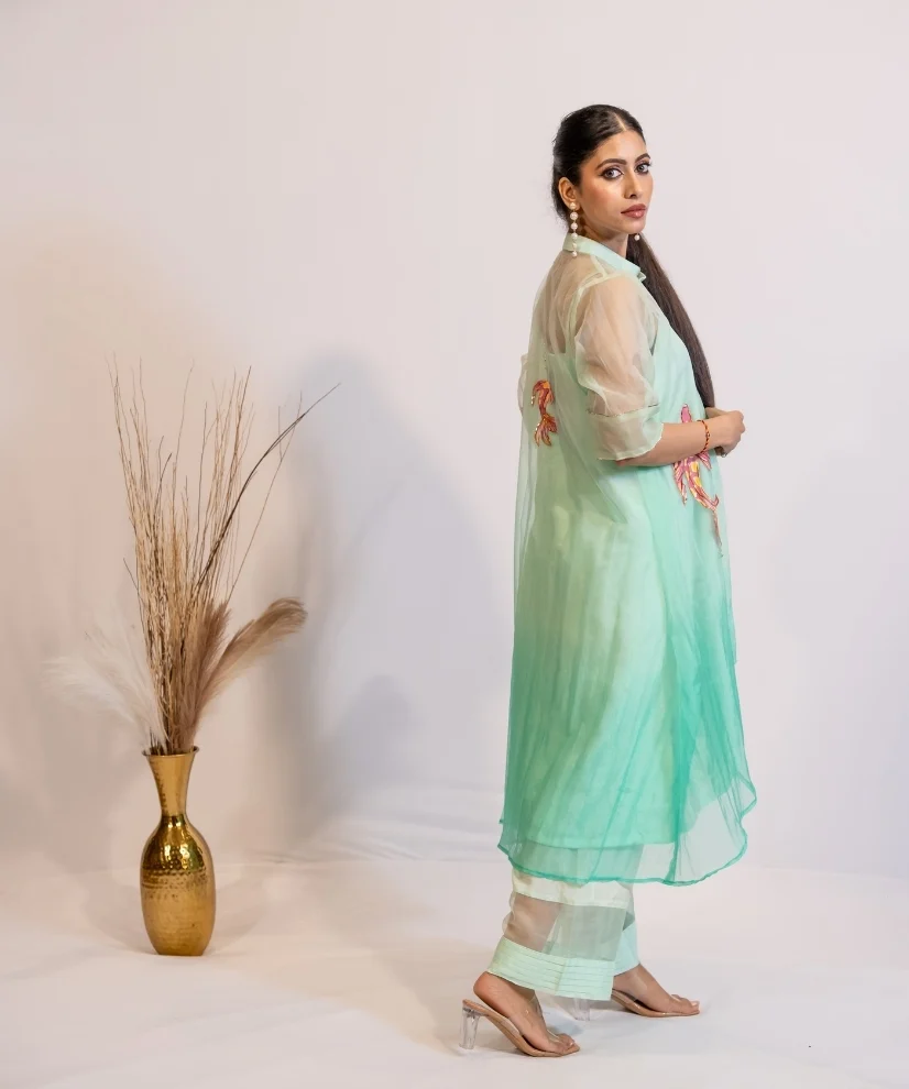 Hand-Painted Teal Ombre Organza Kurta Set with Fish Motifs