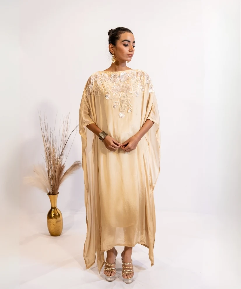Champagne Glow Hand-Embellished Georgette Kaftan