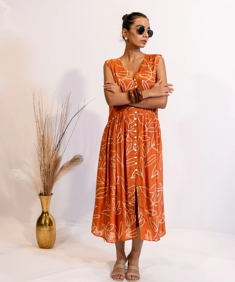 Terracotta Rust Abstract Print Cotton Midi Dress
