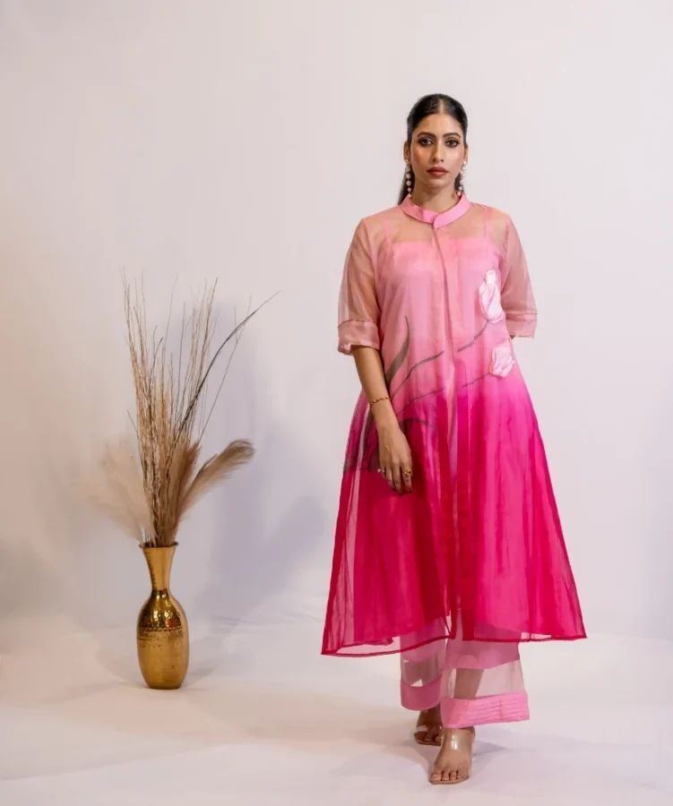 Blushing Radiance Handpainted Fuschia Pink Organza Kurta Set