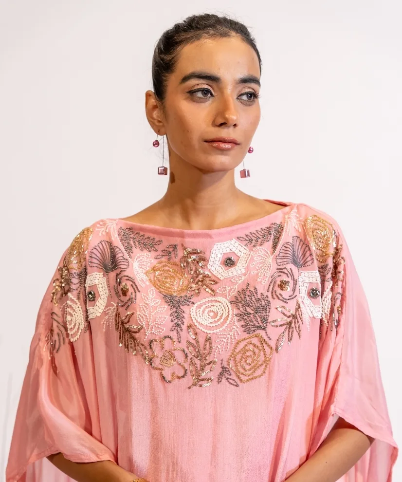 Blush Pink Sequined & Beaded Kaftan Dress