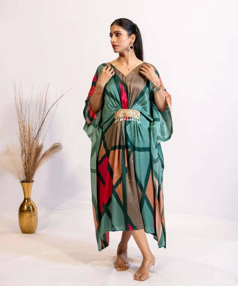 Emerald Rust Abstract Print Kaftan Dress