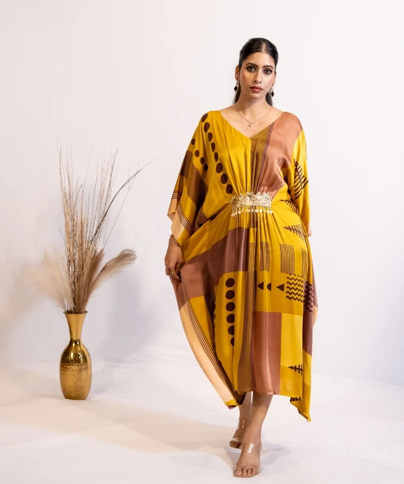 Golden Hour Abstract Print Kaftan Dress