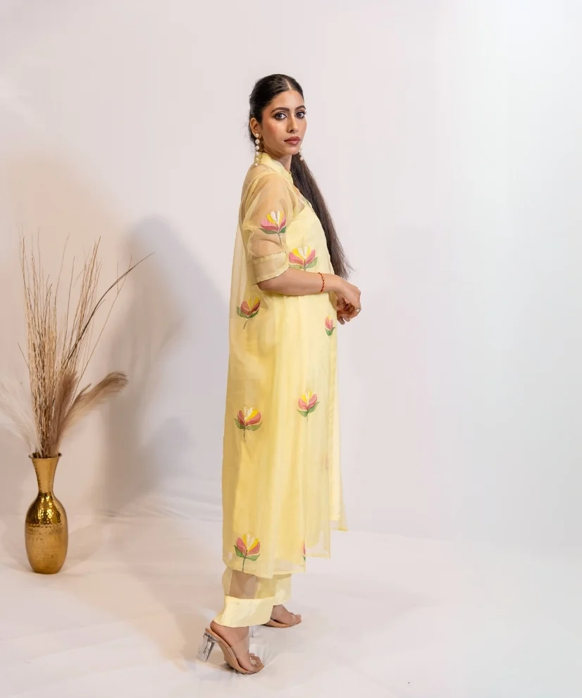 Sunshine Bloom Hand-Painted Organza Kurta Set
