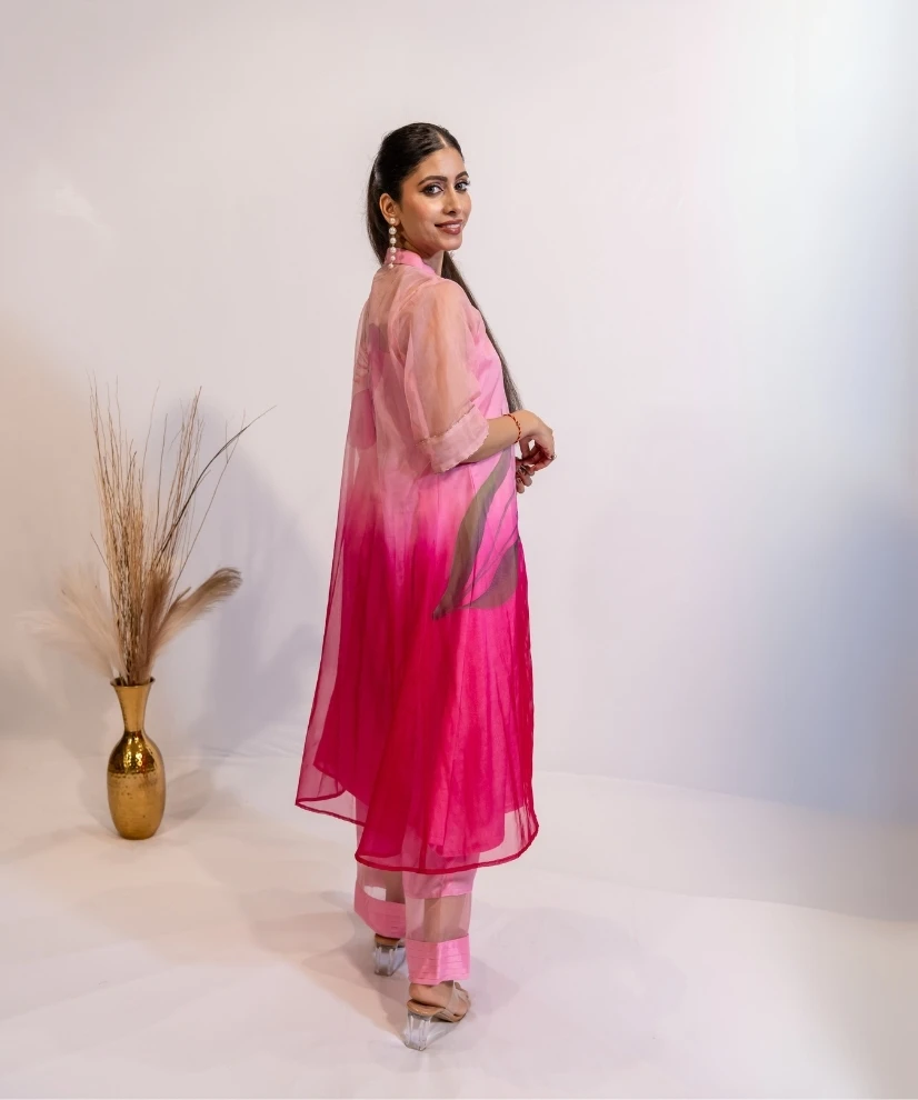 Blushing Radiance Handpainted Fuschia Pink Organza Kurta Set