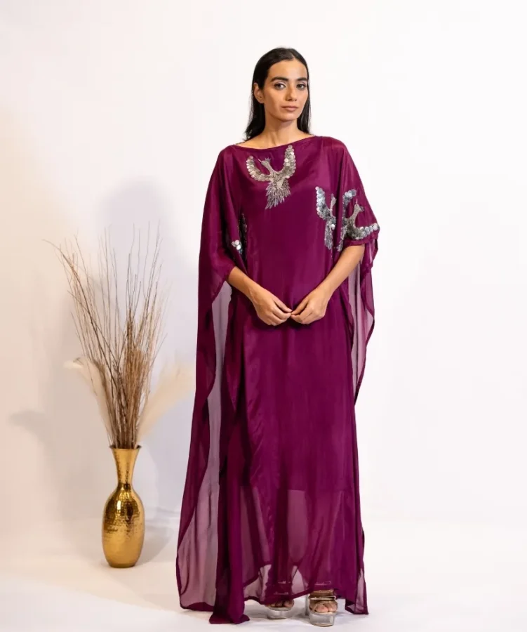 Plum Hand-Embellished Bird Kaftan Dress