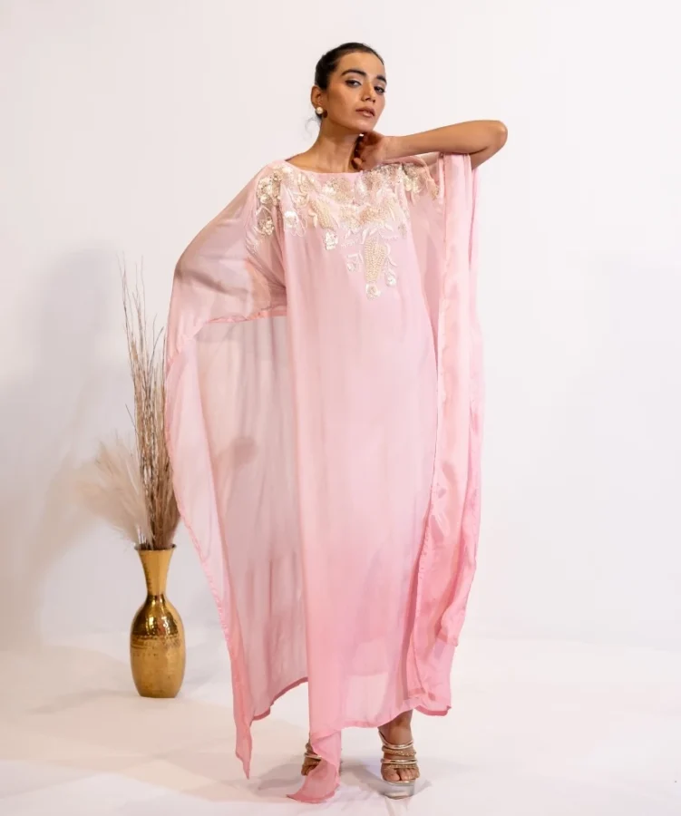 Luxe Blush Pink Embroidered Kaftan Dress