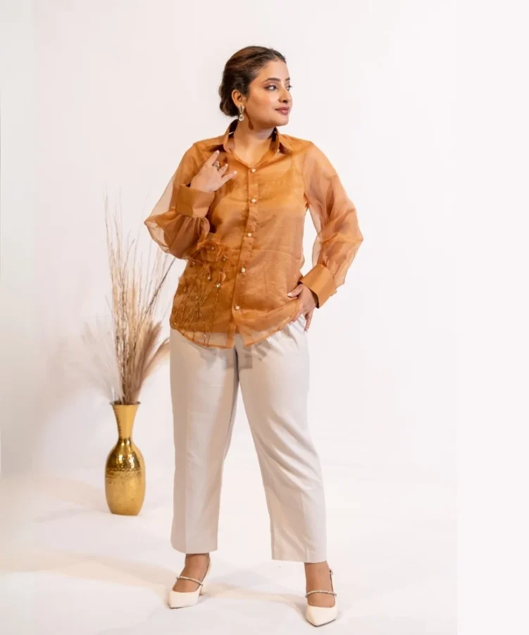 Rust Brown Organza Shirt with Pearl & Katdana Embellishment