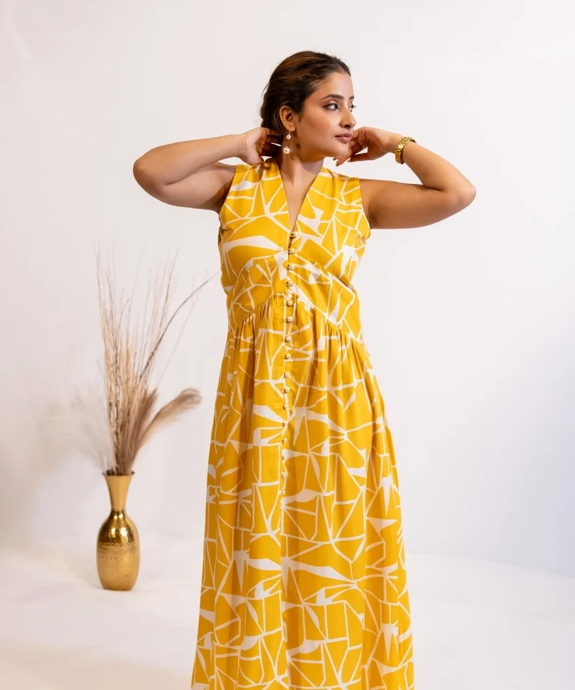 Sunlit Yellow Abstract Print Cotton Midi Dress
