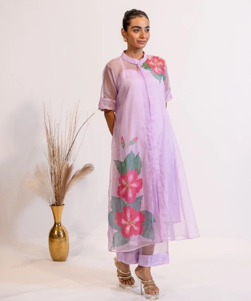 Hand-Painted Lavender Organza Kurta Set