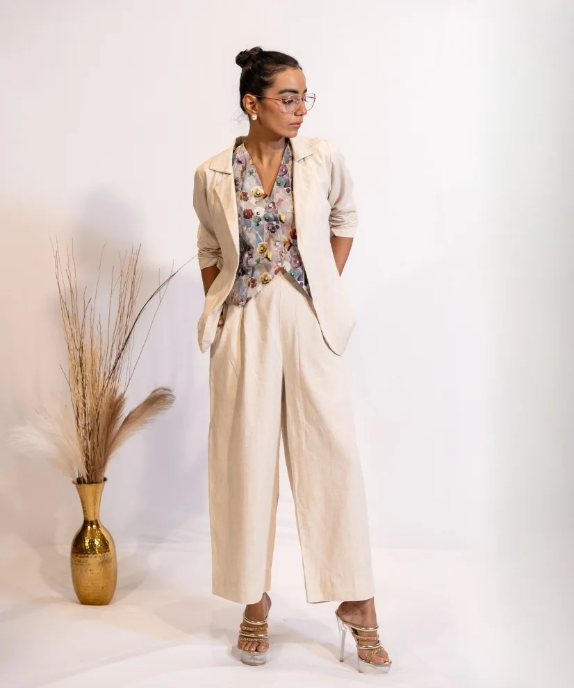 Linen Blazer & Pant Co-ord with Printed Cotton Vest