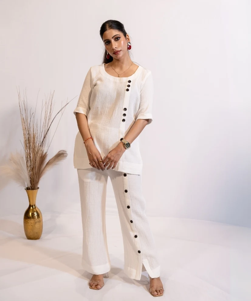 Ivory Cotton Co-ord Set with Wooden Button Detailing