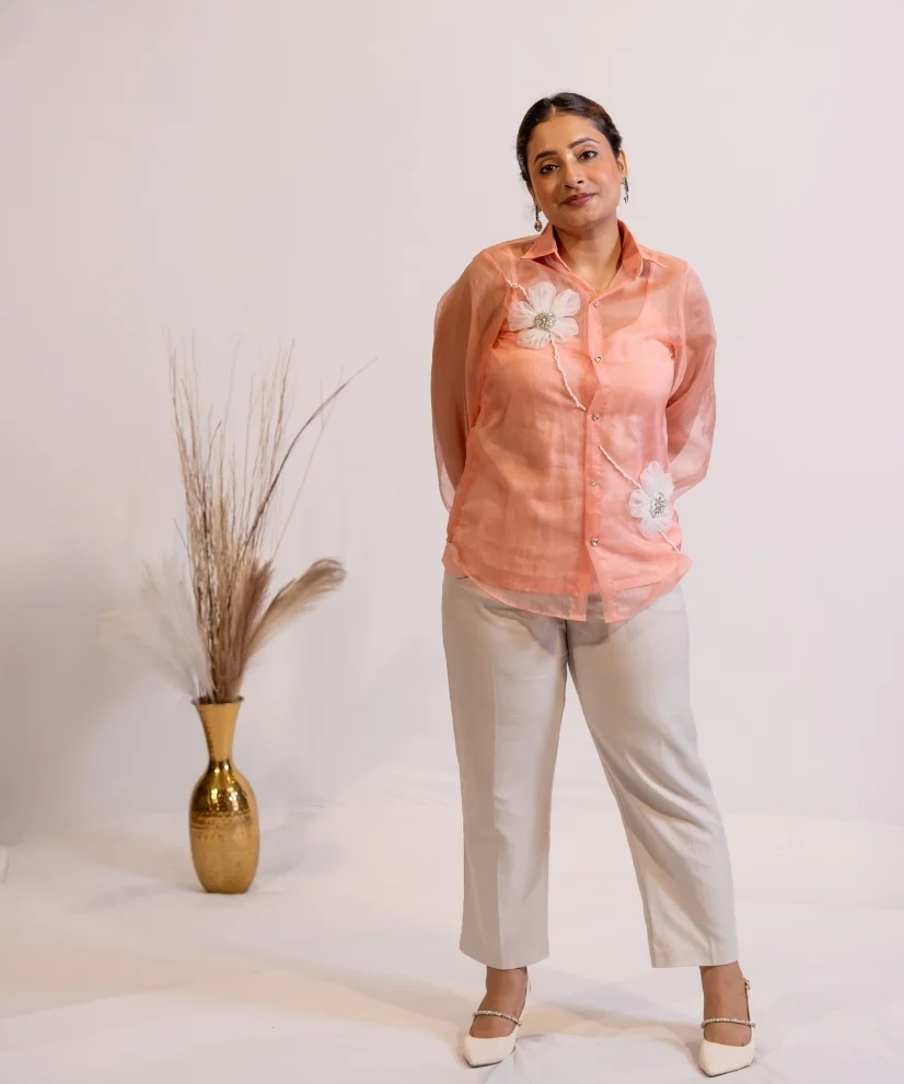 Peach Organza Shirt with Hand embellished 3D Floral Motift