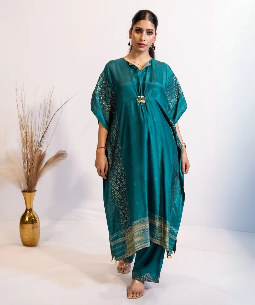 Teal Blue Kaftan Kurta Set with Gold Accents