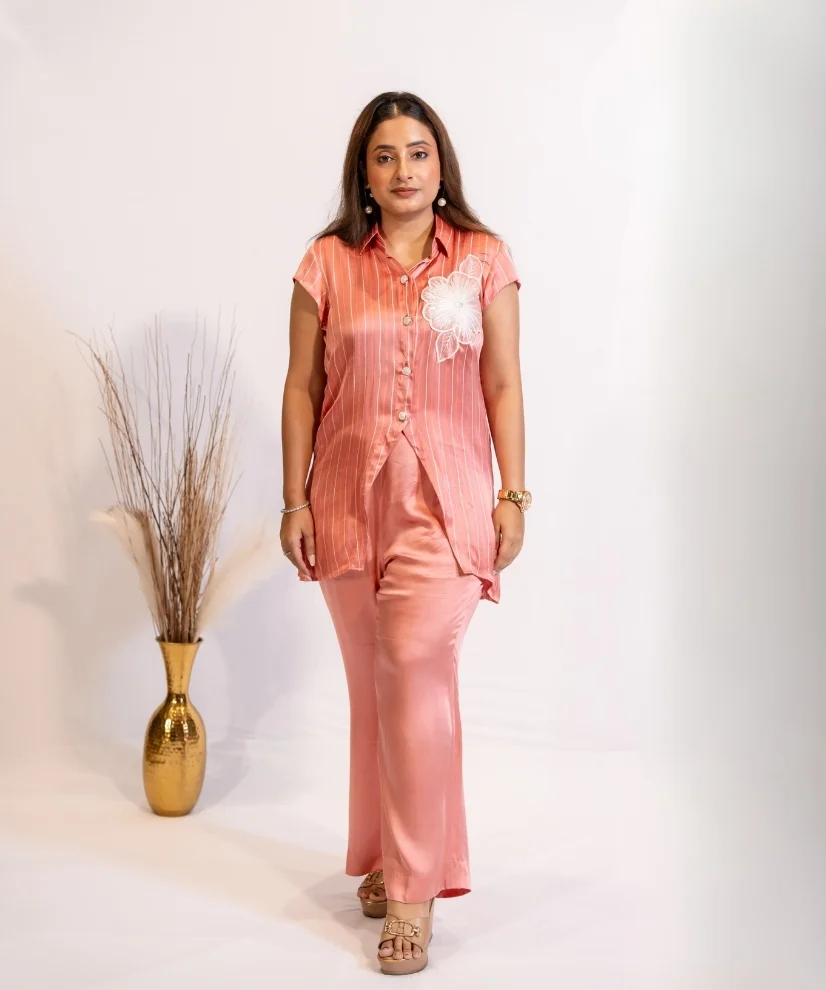 Coral Pink Satin Co-ord Set with Handcrafted Floral Motif