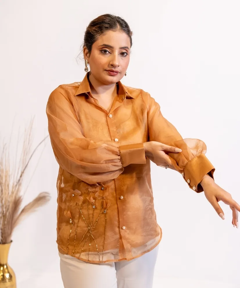 Rust Brown Organza Shirt with Pearl & Katdana Embellishment