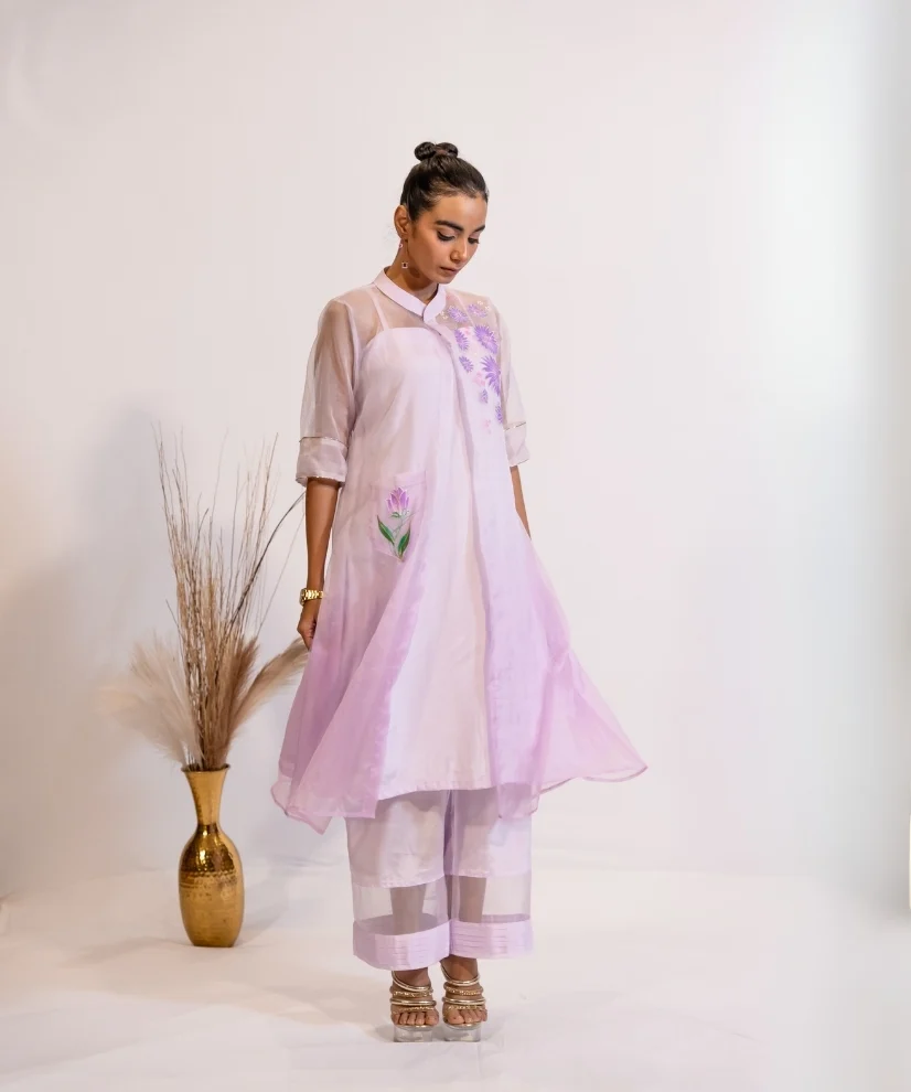 Lavender Ombre Shaded Hand-Painted Organza Shrug Set