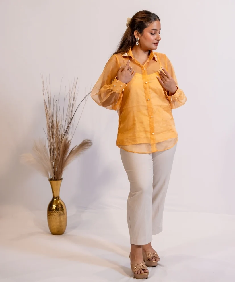 Golden Sunrise Organza Shirt with Pearl Embellishment