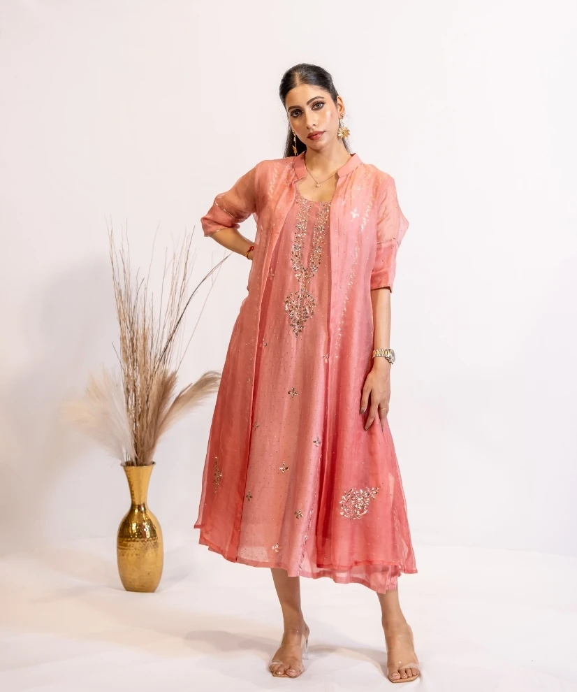 Blush Pink Chanderi Kurta with Organza Shrug