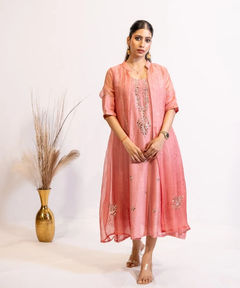 Blush Pink Chanderi Kurta with Organza Shrug