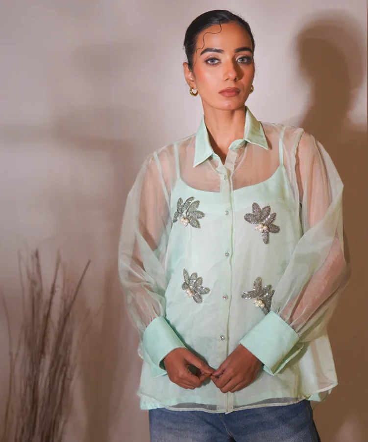 Mint Whisper Hand-Embellished Organza Shirt