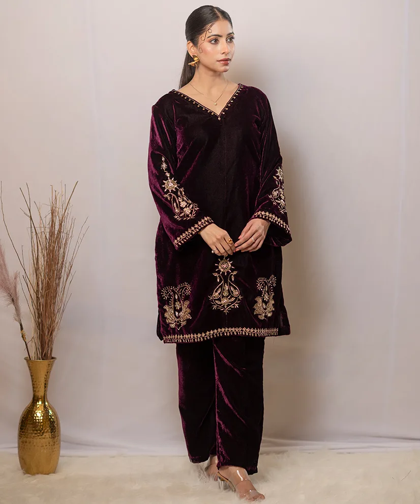 Deep Wine Velvet Zardosi Co-ord Set