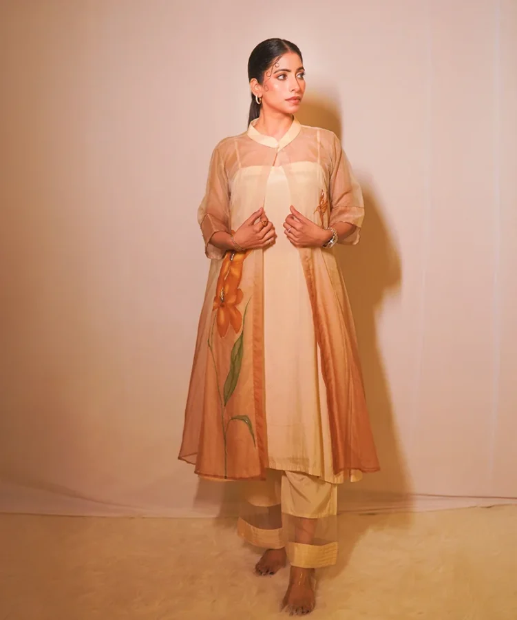 Apricot Bloom Hand-Painted Organza Kurta Set