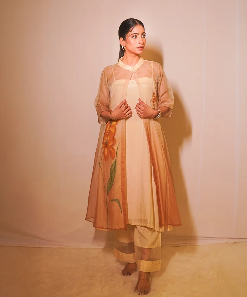 Apricot Bloom Hand-Painted Organza Kurta Set