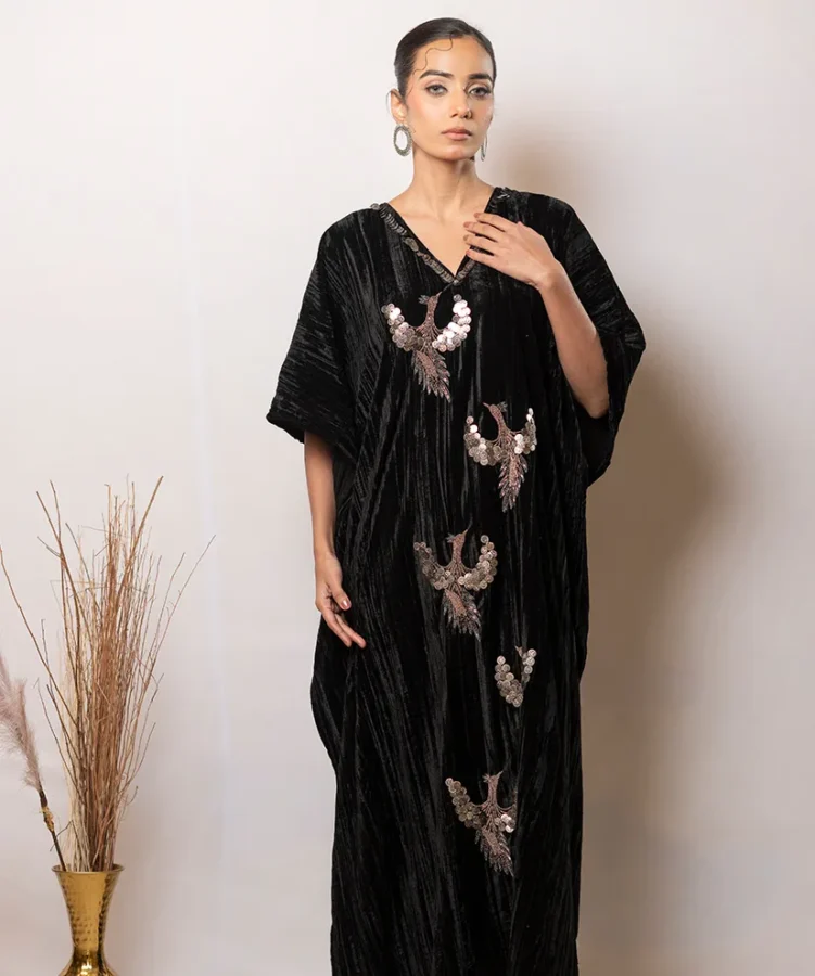 Midnight Flight Black Velvet Kaftan Dress