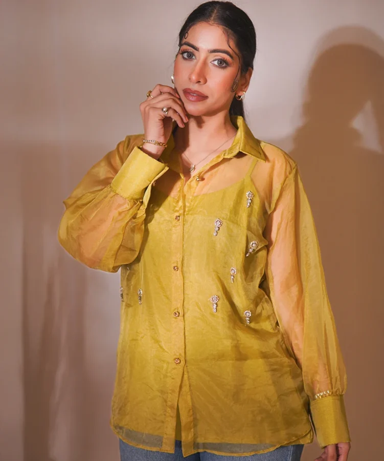Olive Glow Organza Hand-Embellished Shirt