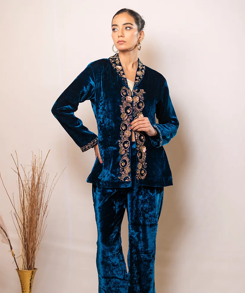 Teal Blue Reverie Velvet Power Co-ord