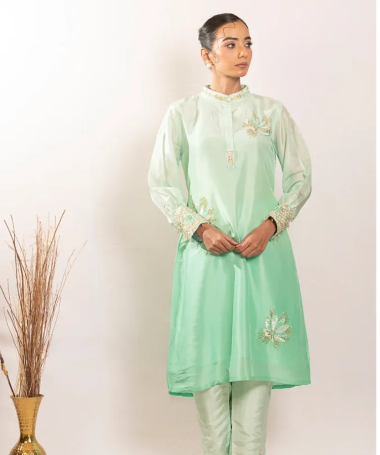 Mint Whisper – Aari Zardosi Silk Co-ord Set For Women