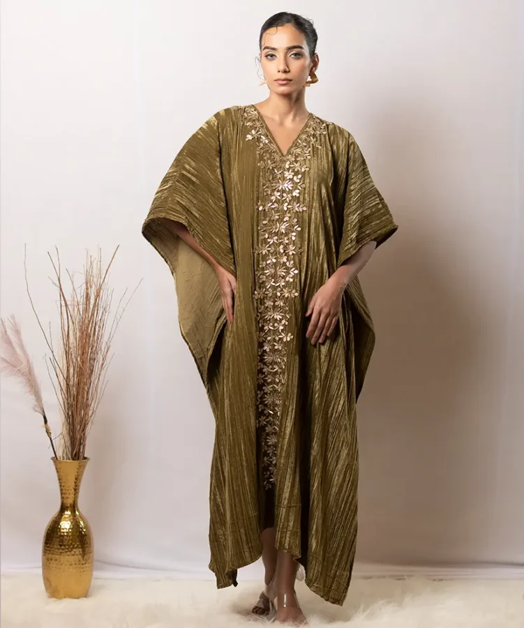 Olive Luxe Hand-Embellished Velvet Kaftan Dress For Women