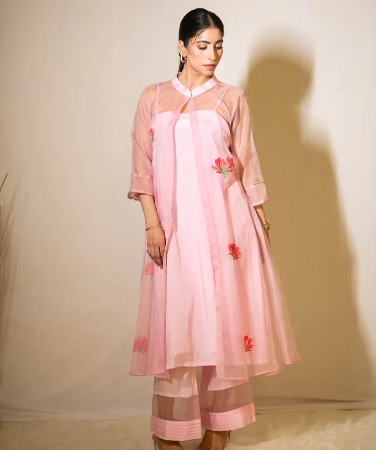 Hand-Painted Rose Pink Organza Kurta Set with Lotus Motifs