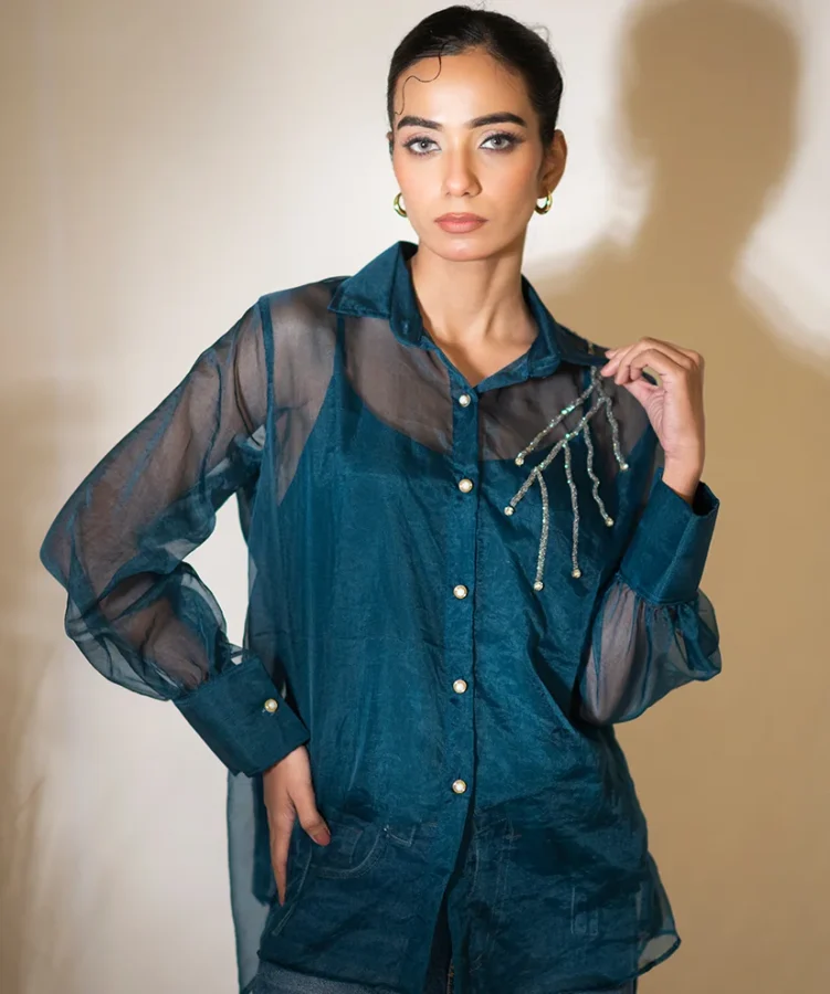 Deep Midnight Blue Hand-Embellished Organza Shirt
