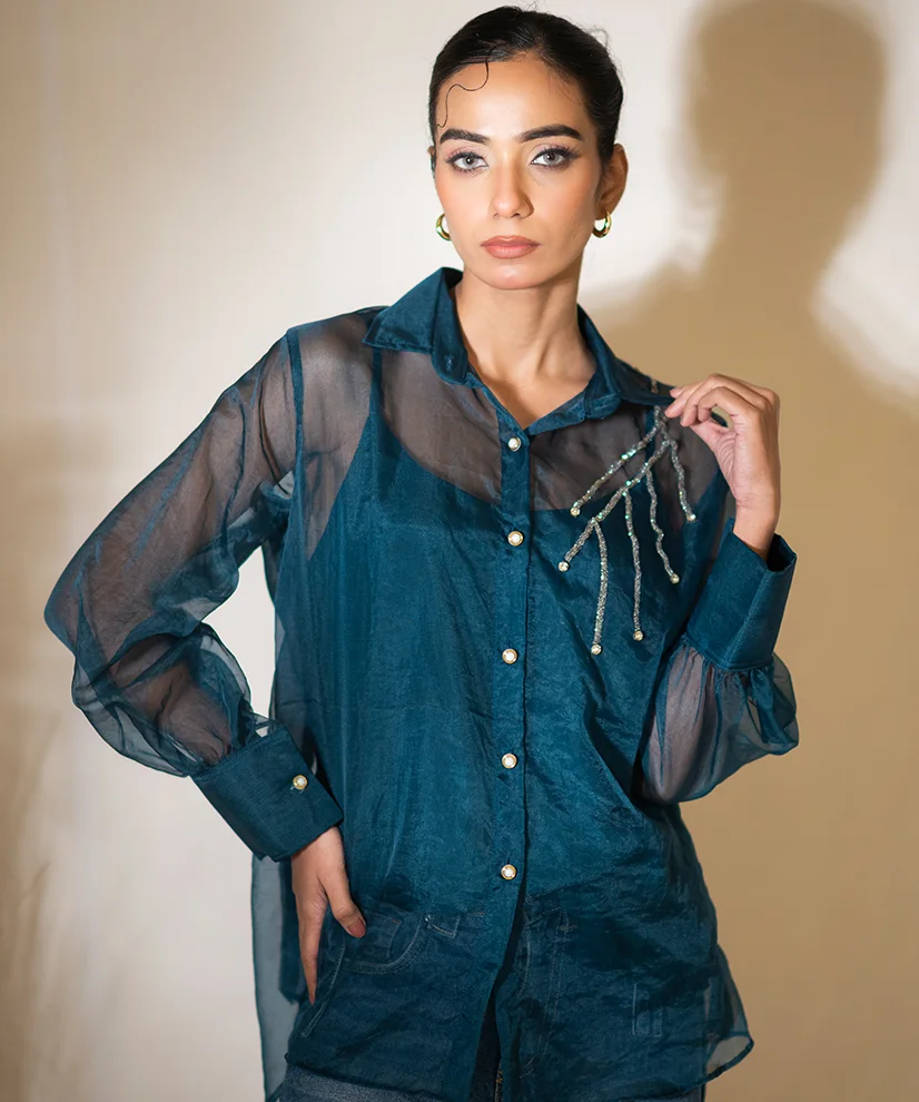 Deep Midnight Blue Hand-Embellished Organza Shirt