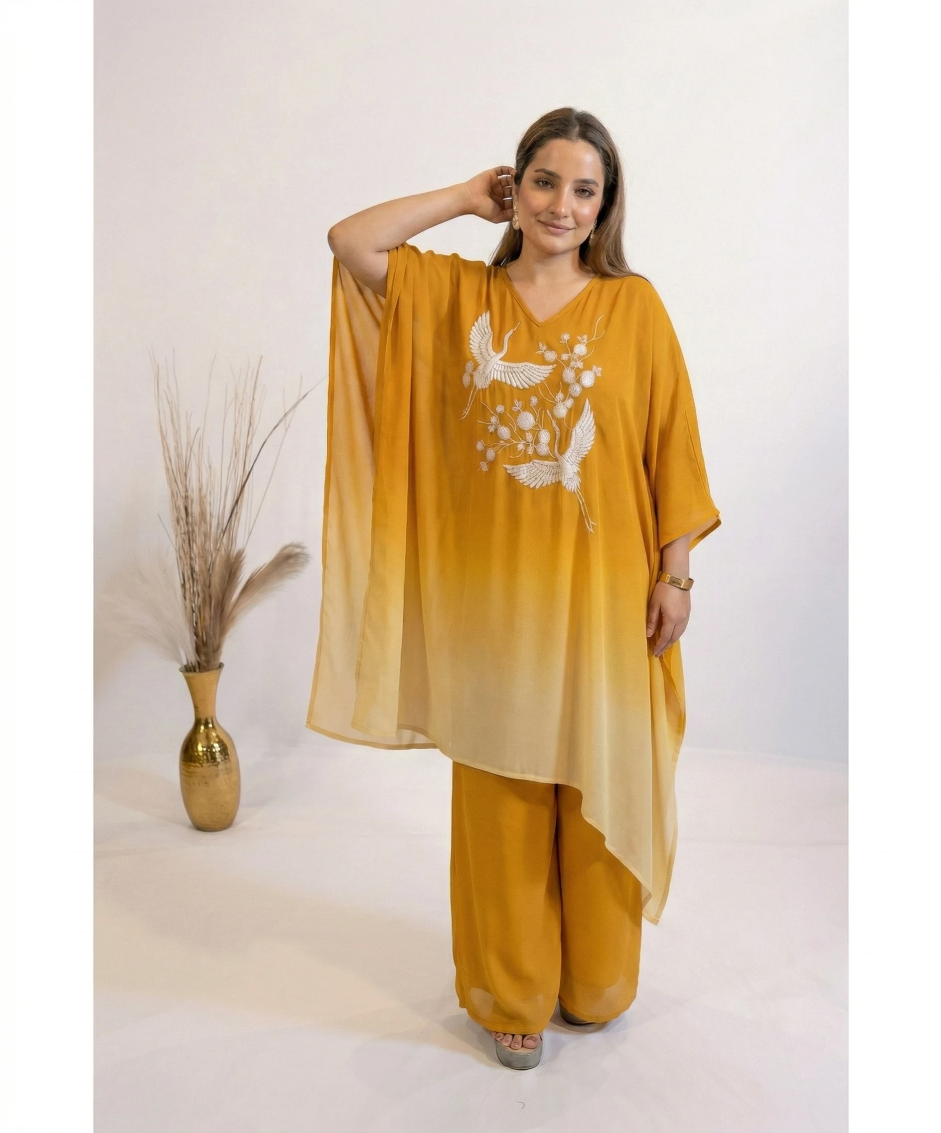 Yellow Ombre Embroidered Lounge Co-ord Set for Women