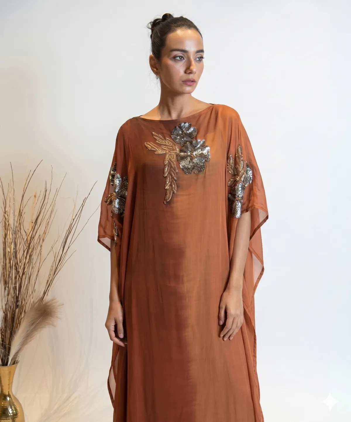 Amber Bronze Hand-Embroidered Party Wear Kaftan Dress For Women